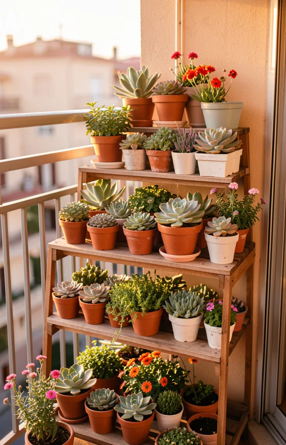 Tiered plant stand arrangement on rental balcony