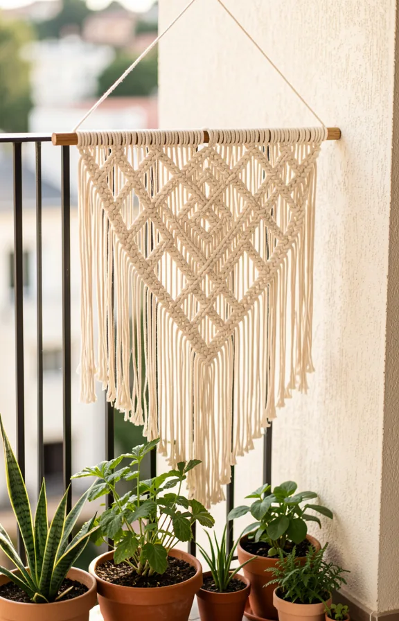 Rental balcony wall featuring macrame hanging in cream