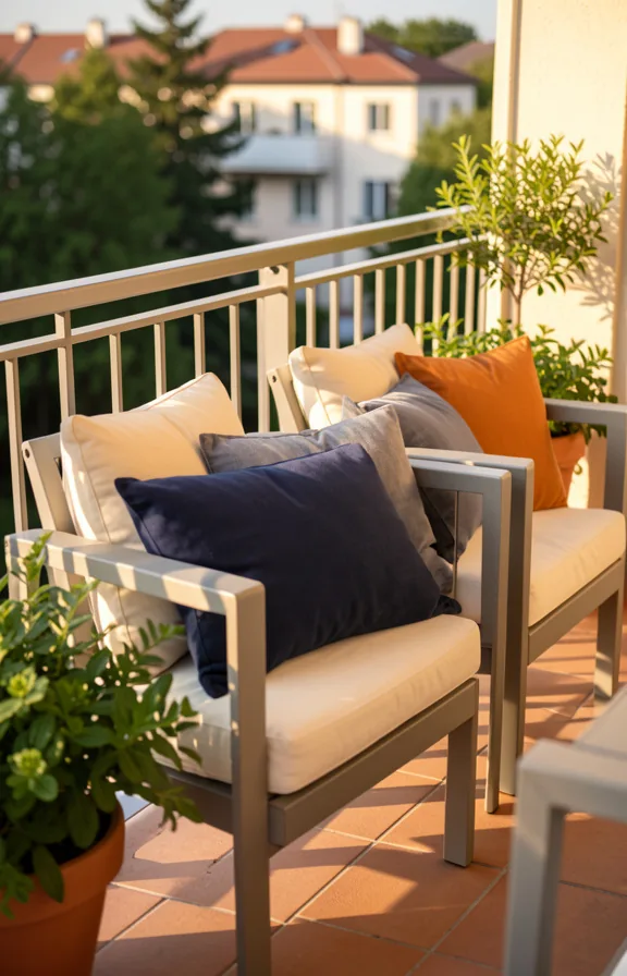 Outdoor seating on rental balcony, chairs layered with cushions in cream