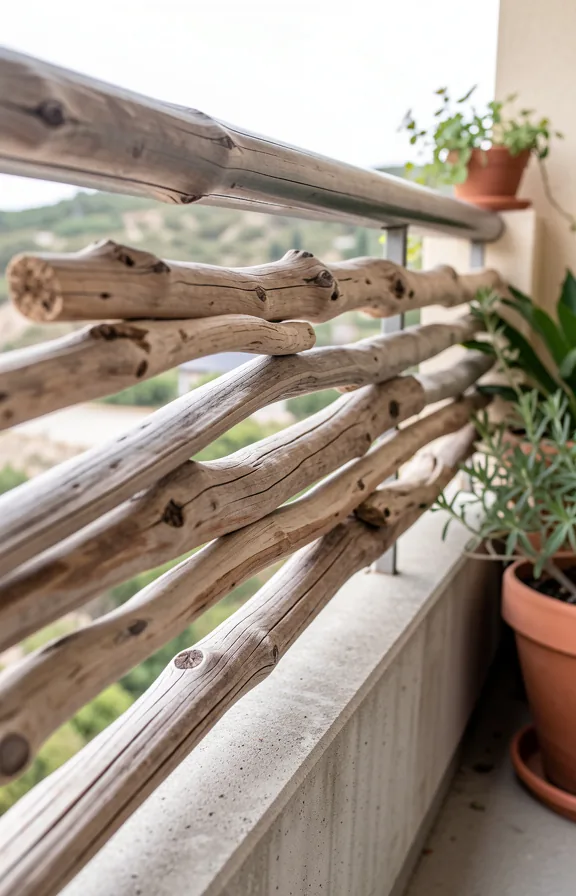 Rental balcony railing wrapped with weathered driftwood pieces secured horizontally