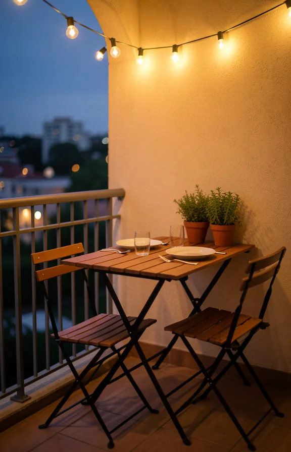Small dining corner on rental balcony, simple wooden table set for two