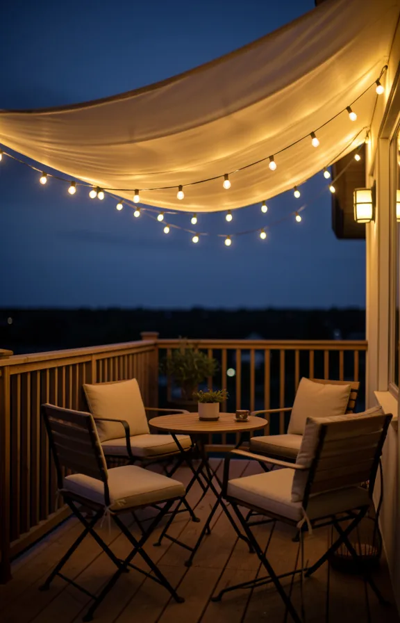Evening balcony with warm string lights draped in swooping canopy overhead