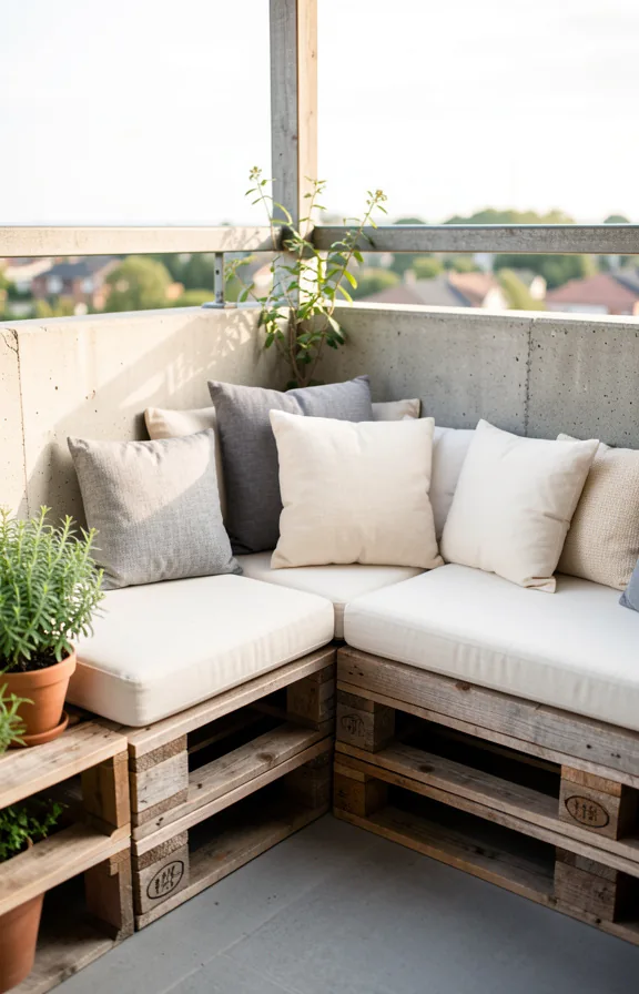 Rental balcony corner with weathered wood pallet sectional seating arrangement