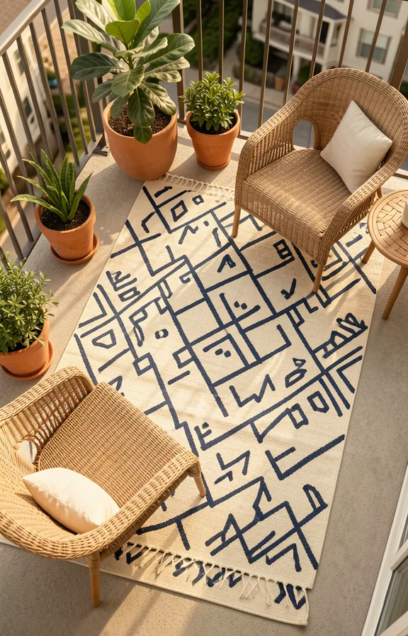 Top-down view of outdoor rug anchoring a seating zone on balcony