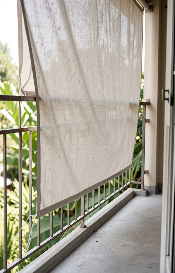 Balcony with fabric shade screen hung on one wall