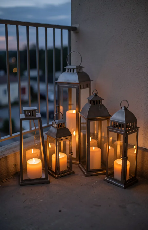 Rental balcony corner featuring clustered lanterns of varying heights and sizes