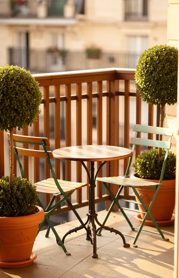 Intimate bistro cafe setup on rental balcony, two painted metal chairs at small round table