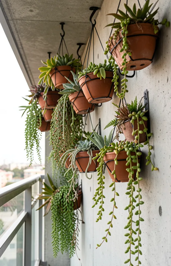 Rental balcony wall featuring hanging planters suspended from ceiling in staggered arrangement
