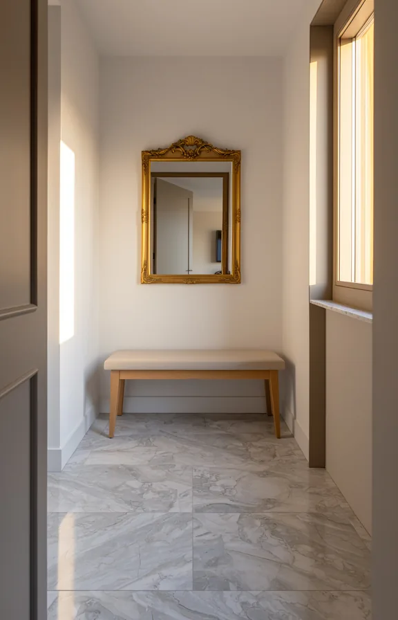crisp white walls, simple wooden bench with cushion