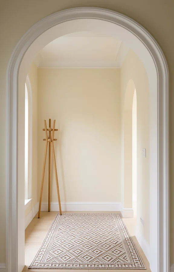 white painted arch trim, cream walls beyond, natural light spilling through arched opening