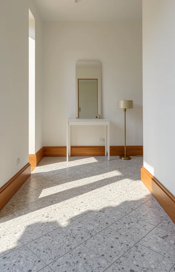 3/4 angle of entryway flooring featuring soft grey and white terrazzo tile pattern