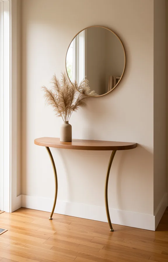 brass curved legs, round mirror above reflecting light