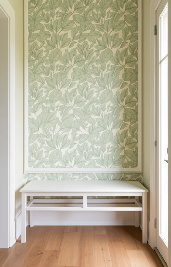 white trim, wood flooring, simple bench below, natural light highlighting pattern detail