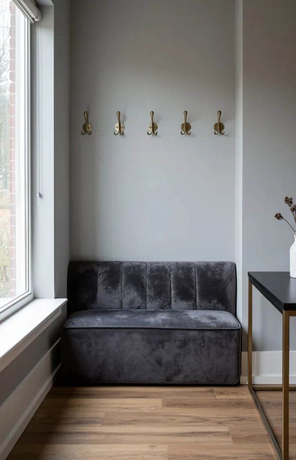 3/4 angle of entryway with upholstered velvet bench in deep grey positioned below window