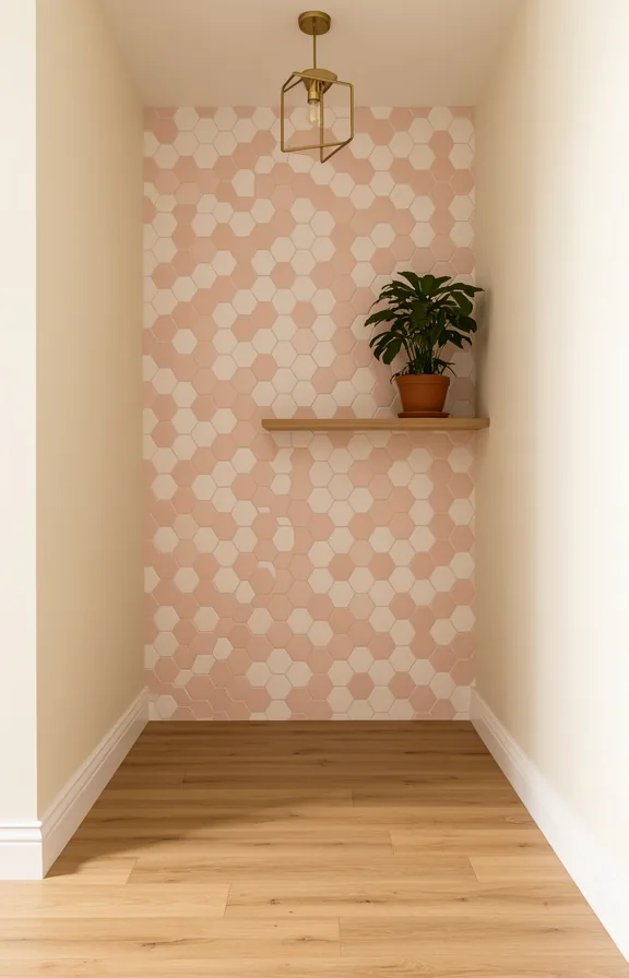 adjacent walls in cream, natural wood flooring, simple floating shelf on hexagon wall
