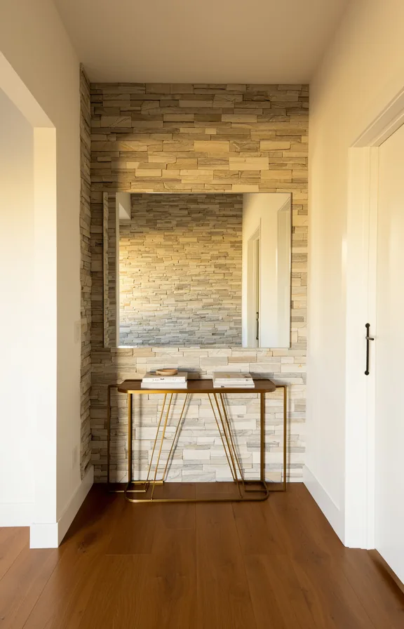 3/4 angle of entryway with accent wall featuring natural stacked stone texture in soft grey and c