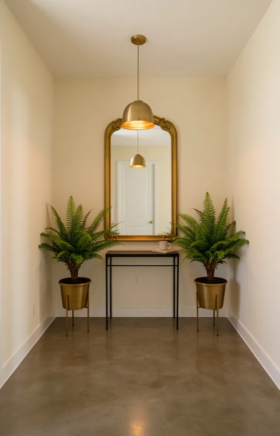 3/4 angle of a small foyer with oversized gold-framed mirror as focal point above a sleek console