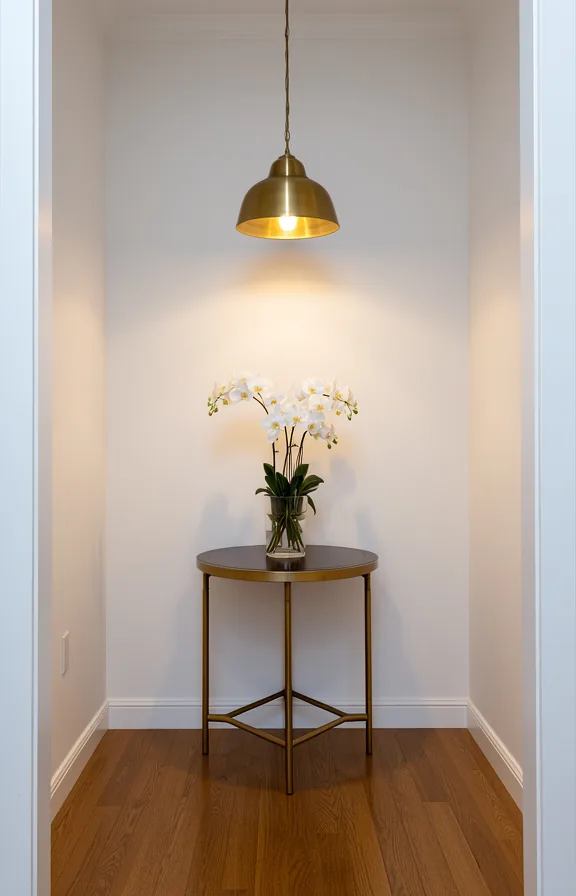 illuminating white painted walls, wood flooring, round console table below with brass legs