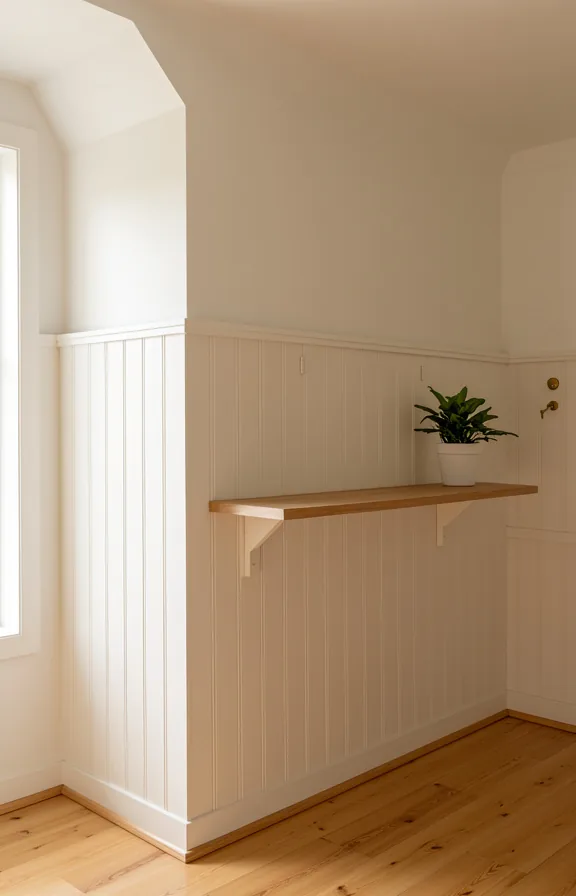3/4 angle of entry wall covered in soft whitewashed vertical shiplap paneling