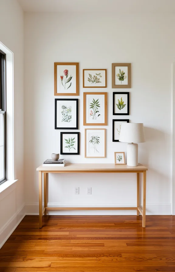arranged salon-style on white wall, simple console table below
