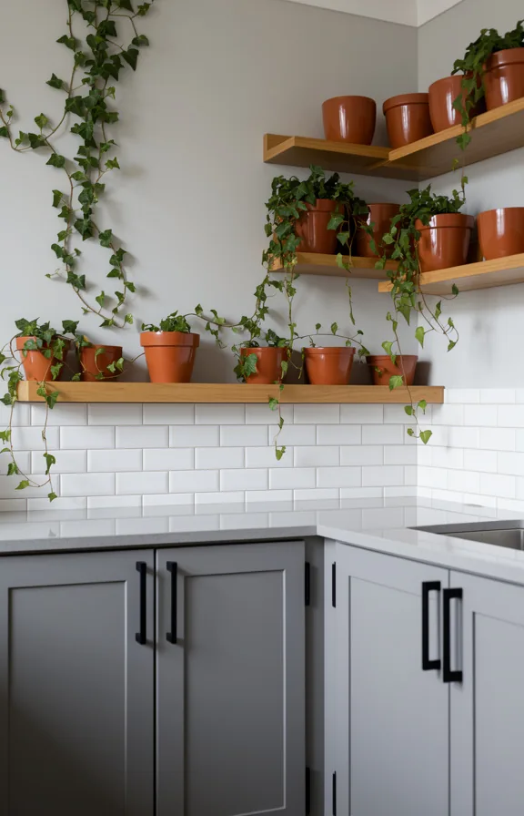 glossy terracotta pots mounted on narrow wooden ledge