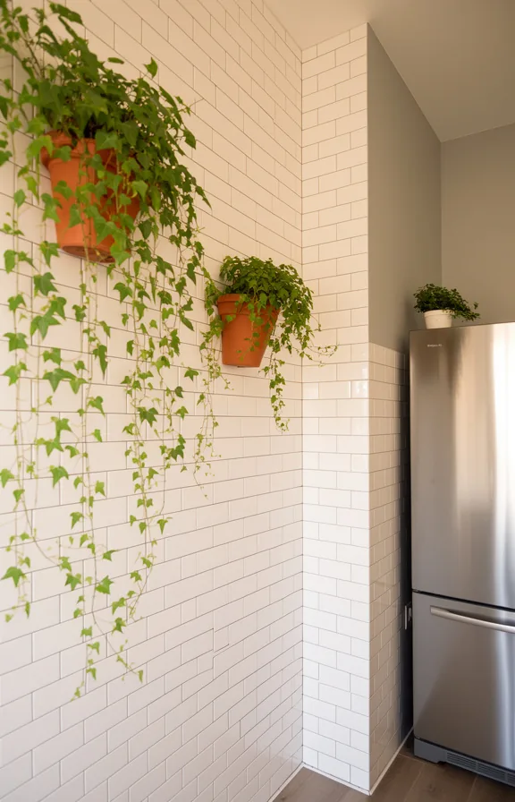two terracotta wall planters with trailing ivy, pale grey walls adjoining tile