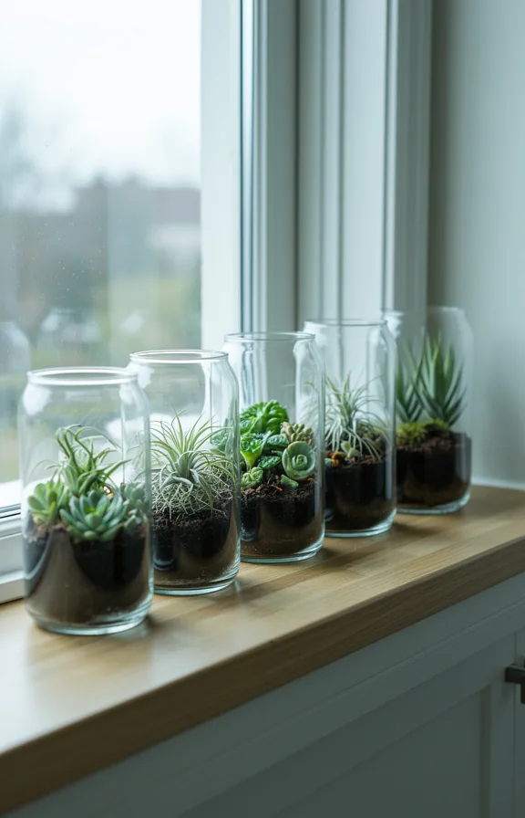 clear glass containers reflecting overcast light, pale oak wooden sill