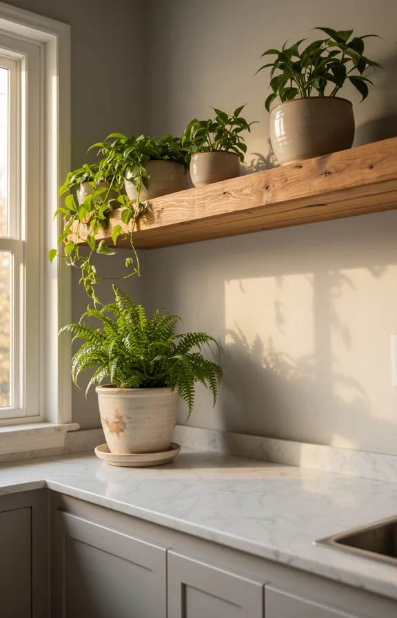 3/4 view of compact kitchen with floating shelf in reclaimed wood spanning pale grey wall above m