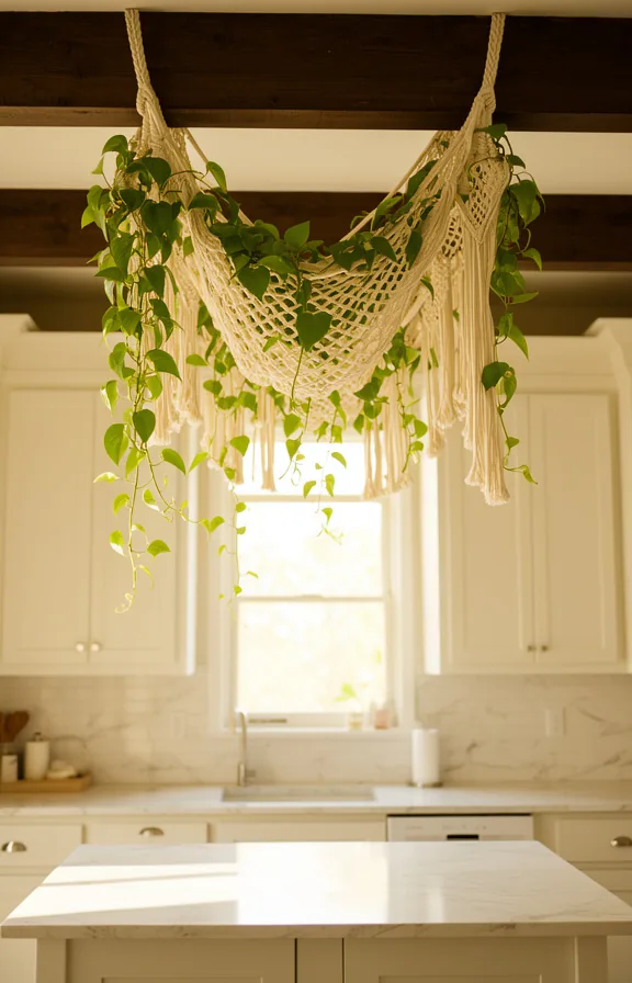 trailing stems creating soft curtain effect above white cabinets and marble countertop