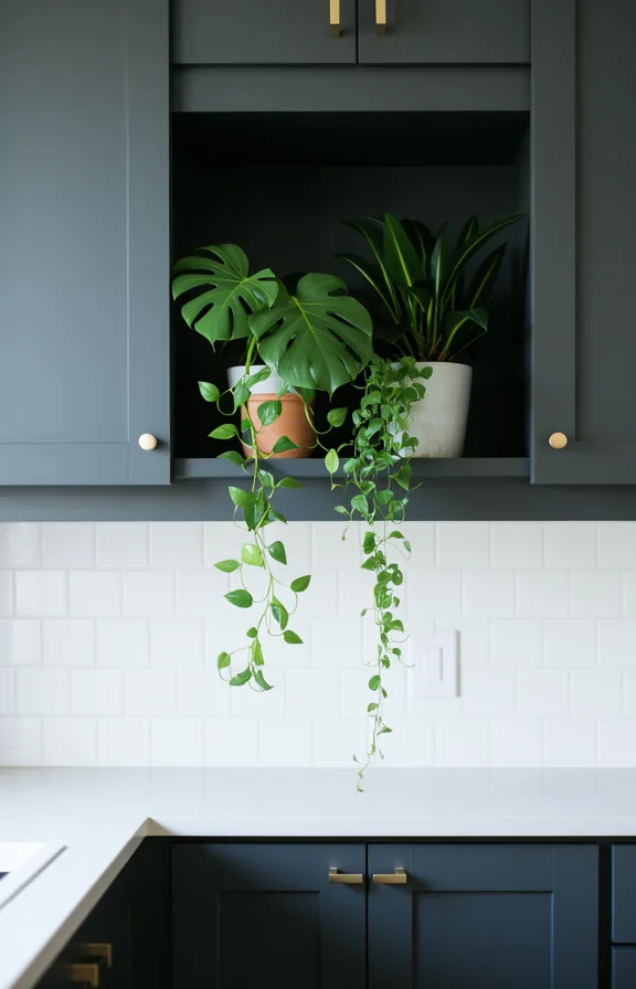rubber plant, and trailing pothos arranged across shelf
