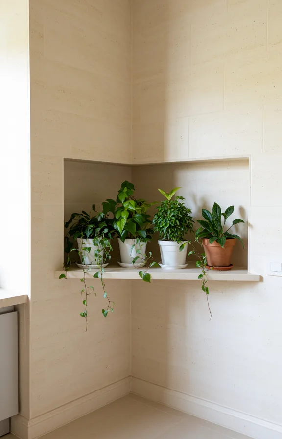 3/4 view of kitchen corner alcove with pale stone walls