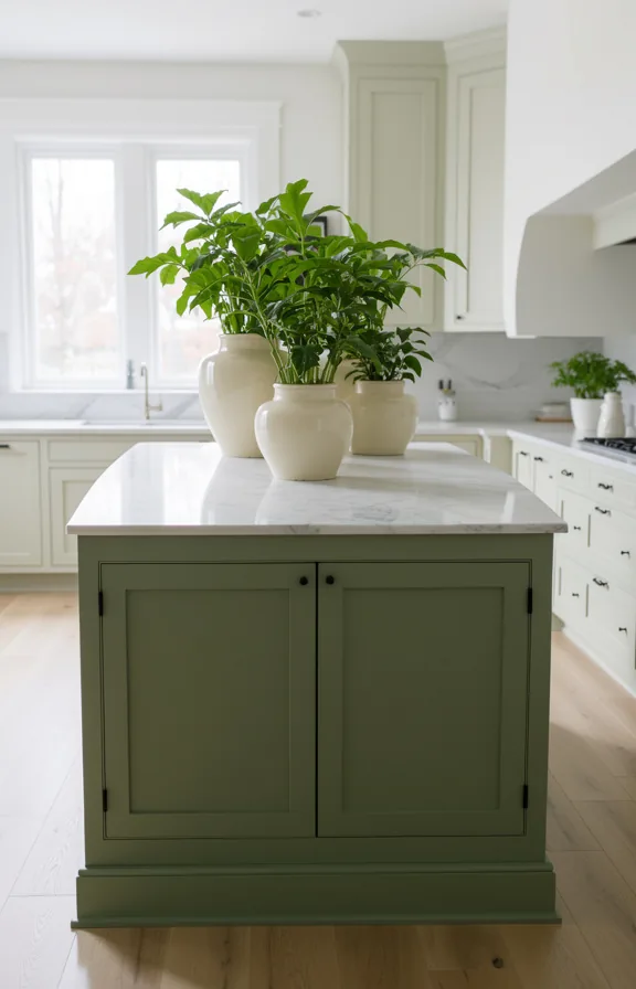 three medium potted plants in cream ceramic vessels positioned across surface