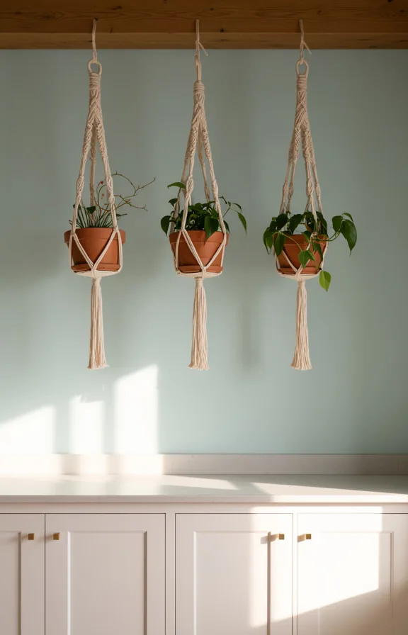 3/4 kitchen wall shot showing three macrame plant hangers suspended from ceiling beam at varying