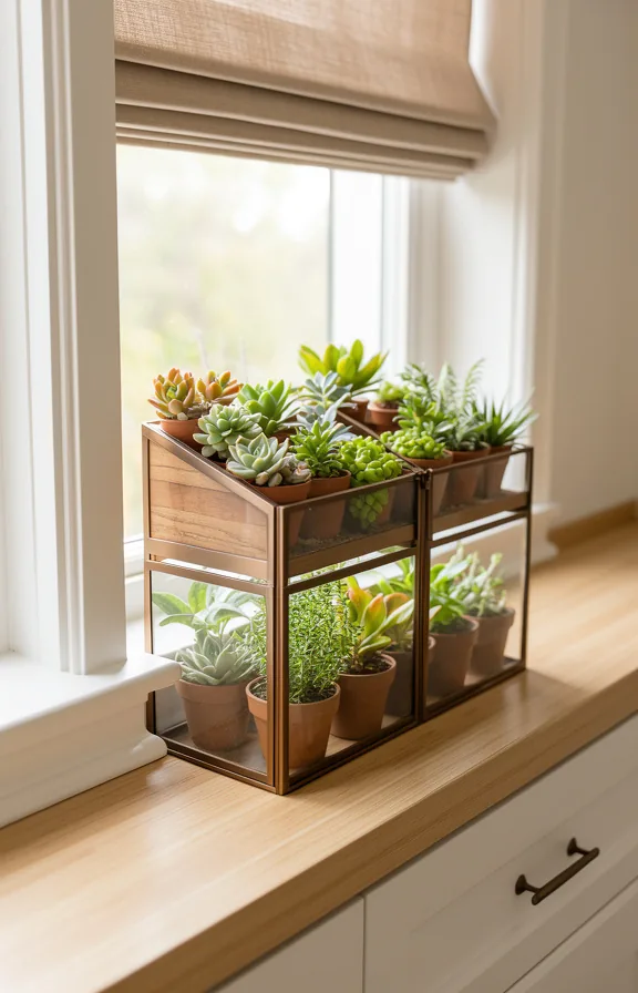 multiple small potted succulents and herbs visible inside glass structure