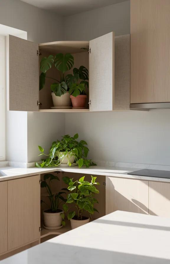 pale wood grain detail, white marble countertop, soft grey walls