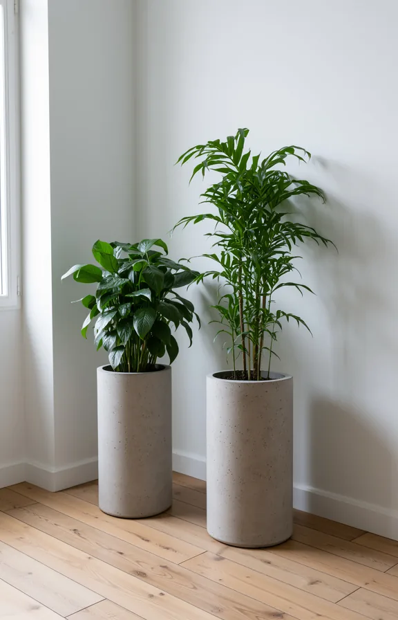 3/4 kitchen corner shot with two concrete cylindrical planters of varying height holding upright