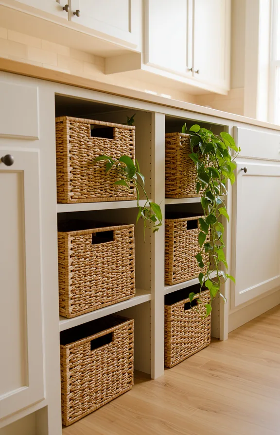 natural woven texture, white painted cabinetry above, pale wood countertop