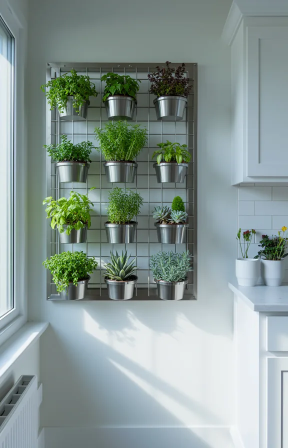 twelve individual small potted herbs and succulents in metal grid