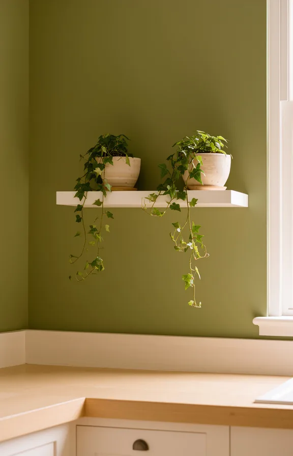 3/4 view of kitchen with one accent wall painted soft olive green
