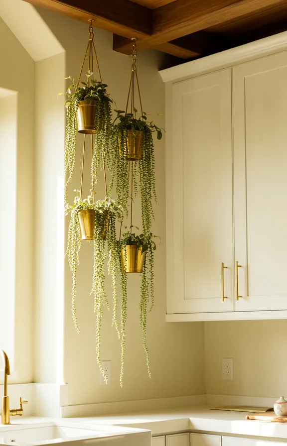 3/4 view of kitchen corner with tall brass hanging planters suspended from wooden ceiling beam