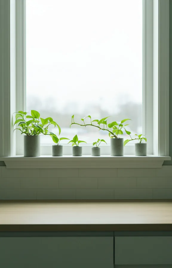 single pothos in each, clean white trim framing overcast morning light