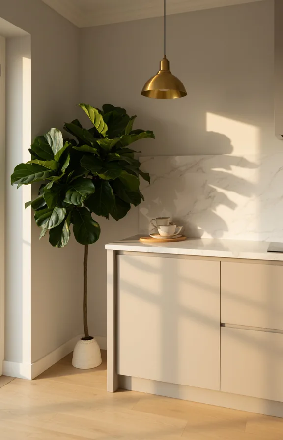 dark green foliage contrasting pale grey walls, pale oak flooring