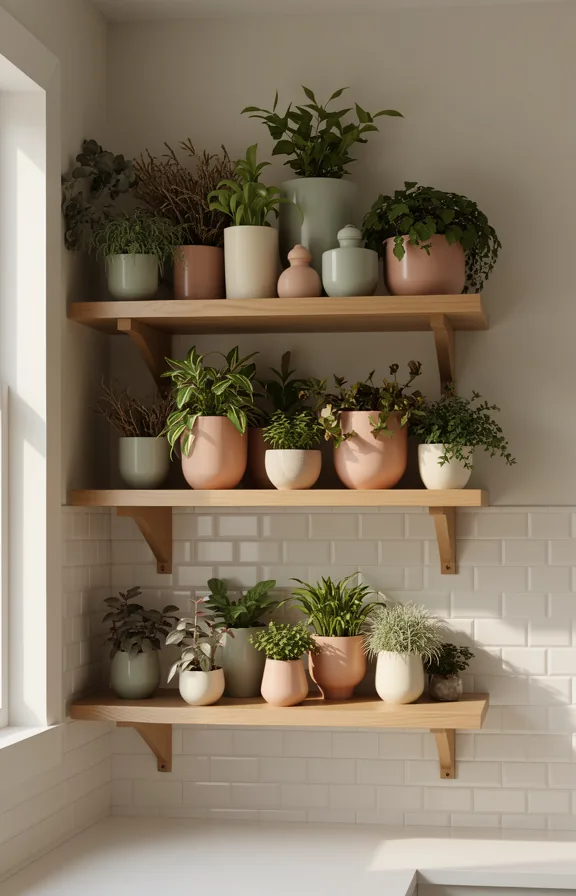 3/4 kitchen view showing open shelving with clustered ceramic planters in soft sage