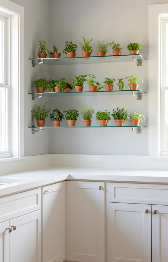 individual potted herbs in small terra cotta pots catching bright morning light from window