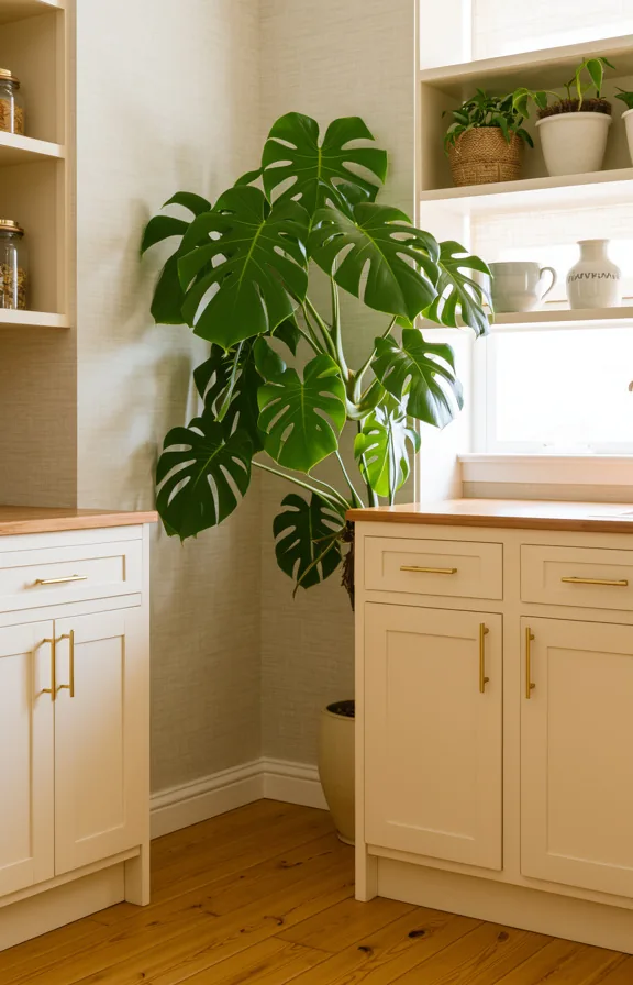 split leaves backlit by soft morning light, pale linen-textured walls