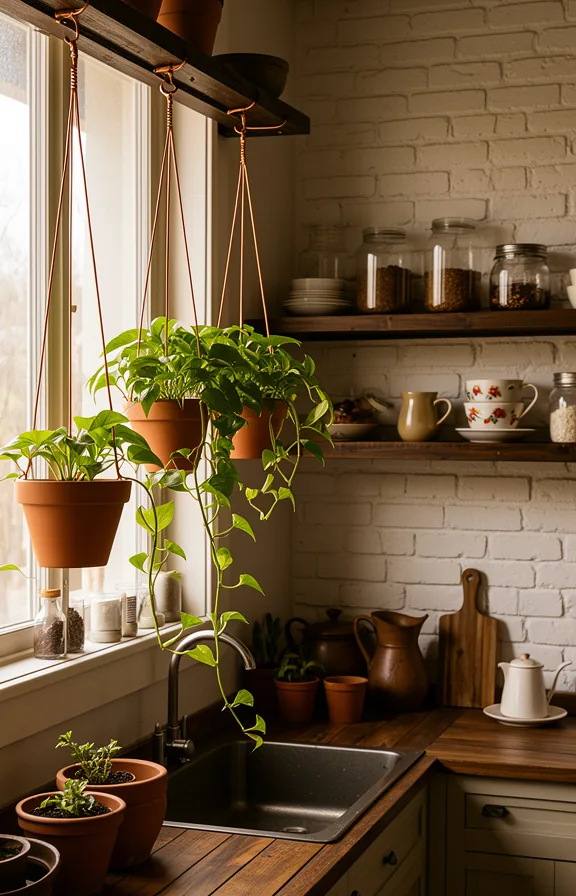 3/4 kitchen view with three copper wire plant hangers suspended from dark wood shelf running alon