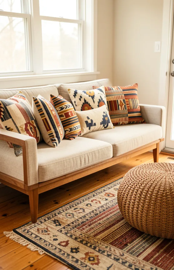 Kente cloth, and geometric tribal patterns in cream