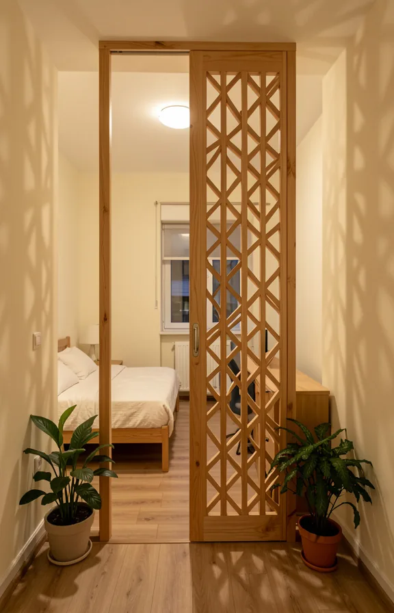 natural wood finish, separating sleeping and living zones