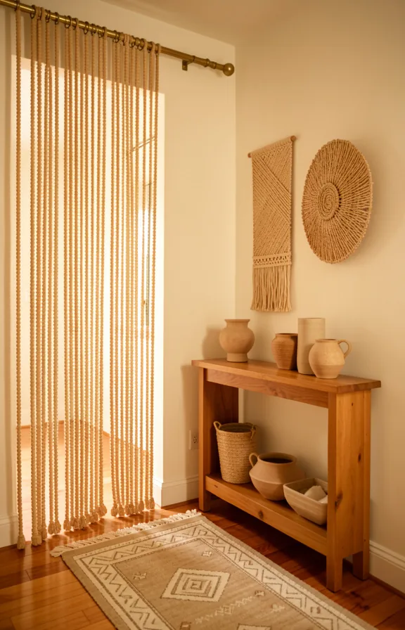 wooden console table beneath with decorative vessels, woven wall hanging beside