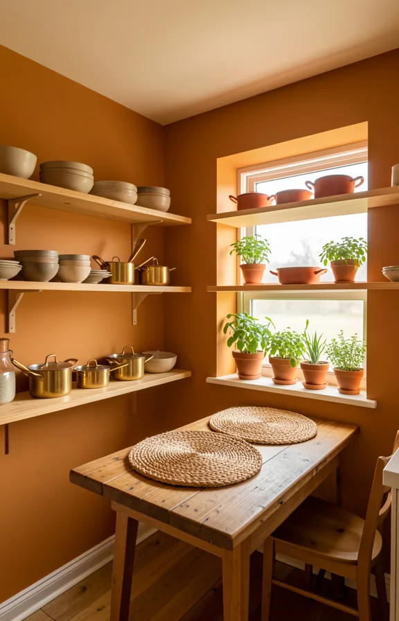 natural wood open shelving displaying ceramic bowls and brass cookware